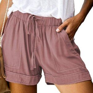 ROSKIKI Womens Summer Casual Drawstring Elastic Waist Comfy Pure Color Shorts wi